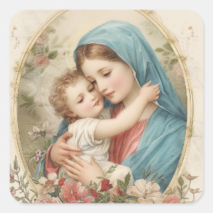 Adesivo Quadrado Católica Virgem Maria Menino Jesus Floral 