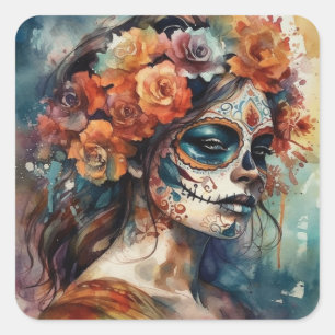 Adesivo Quadrado Catrina Aquarela Dia de los Muertos Crânio de Açúc