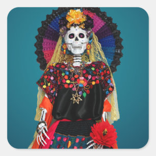 Adesivo Quadrado Catrina Elegante no Ataque Tradicional Mexicano