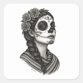 Adesivo Quadrado Catrina Mexicana Sarape Y Rosas Dia de Muertos
