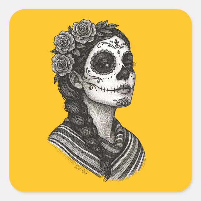 Adesivo Quadrado Catrina Mexicana Sarape Y Rosas Dia de Muertos (Frente)