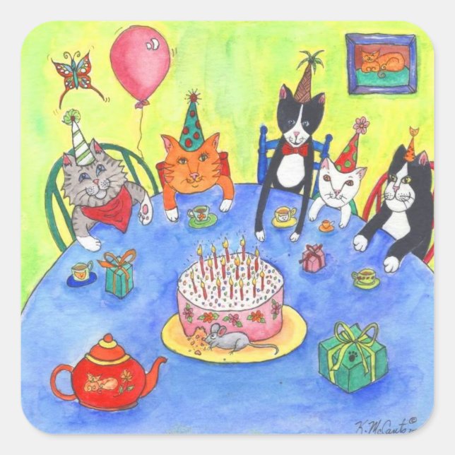Adesivo Quadrado Cats de Festa! Os gatinhos de aniversário divertem (Frente)