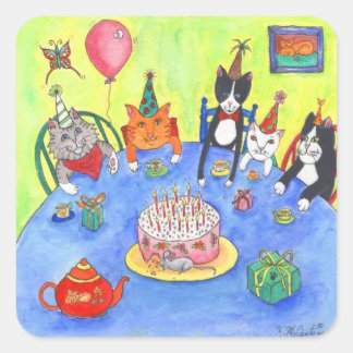 Adesivo Quadrado Cats de Festa! Os gatinhos de aniversário divertem