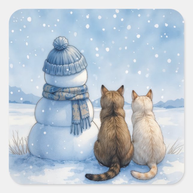 Adesivo Quadrado Cats Sitting With a Snowman In a Field (Frente)