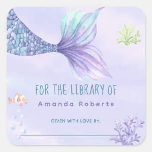 Adesivo Quadrado Cauda de sereia em aquarela - ex-libris para chá d