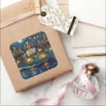 Adesivo Quadrado Cavalier King Charles Christmas Voyage<br><div class="desc">Mergulhe na magia da temporada de férias com esta ilustração lindamente detalhada, mostrando um cachorro orgulhoso sentado em um barco festivamente decorado, deslizando através de um lago de Natal sereno. As luzes cintilantes dos pinheiros próximos refletem sobre a água, lançando um brilho quente e festivo que melhora o conforto ambiente....</div>