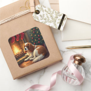 Adesivo Quadrado Cavalier King Charles junto à Lareja de Natal