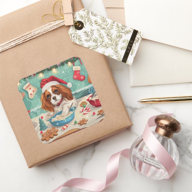 Adesivo Quadrado Cavalier King Charles Spaniel Assando Natal (Presentear)