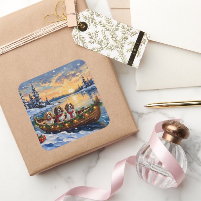 Adesivo Quadrado Cavalier King Charles Spaniel Christmas Boat (Presentear)