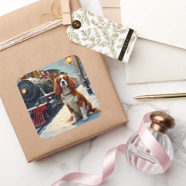 Adesivo Quadrado Cavalier King Charles Spaniel Christmas Train (Presentear)