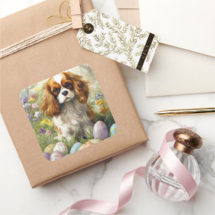 Adesivo Quadrado Cavalier King Charles Spaniel com Ovos de Páscoa
