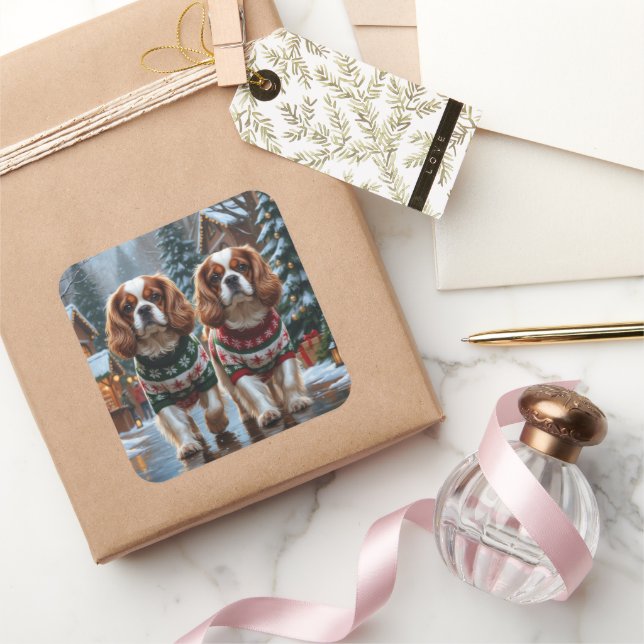 Adesivo Quadrado Cavalier King Charles Spaniel Dogs Christmas Snow  (Presentear)