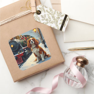 Adesivo Quadrado Cavalier King Charles Spaniel Trem de Natal