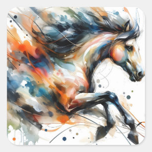 Adesivo Quadrado Cavalo a Correr em Aquarela Abstrata