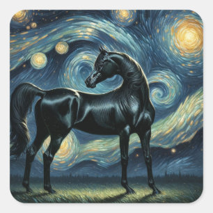 Adesivo Quadrado Cavalo árabe negro na noite estelar de Van Gogh