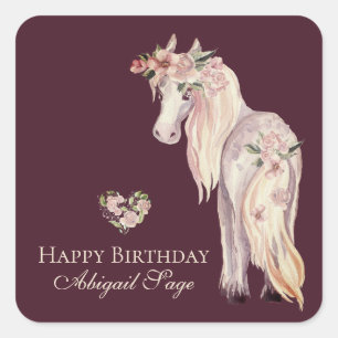 Adesivo Quadrado Cavalo Bonito e Flores Vintage Pony Birthday