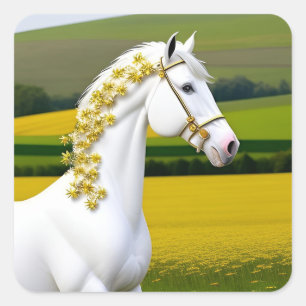 Adesivo Quadrado Cavalo Branco com Grinalda Floral