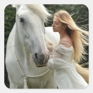 Adesivo Quadrado Cavalo branco e menina