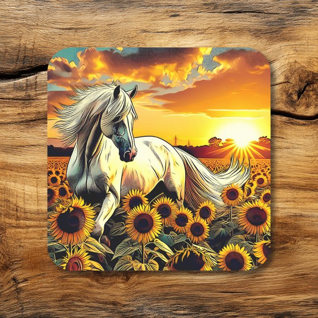 Adesivo Quadrado Cavalo Branco no Campo de Girassóis no Sunset (Criador carregado)