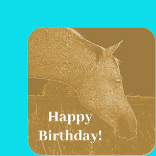 Adesivo Quadrado Cavalo Cabeça Feliz Aniversário Ouro Castanho