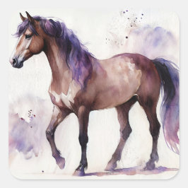Adesivo Quadrado Cavalo Castanho De Aquarela Com Púrpura