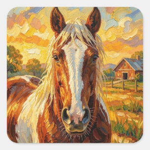 Adesivo Quadrado Cavalo com Impasto numa Fazenda  