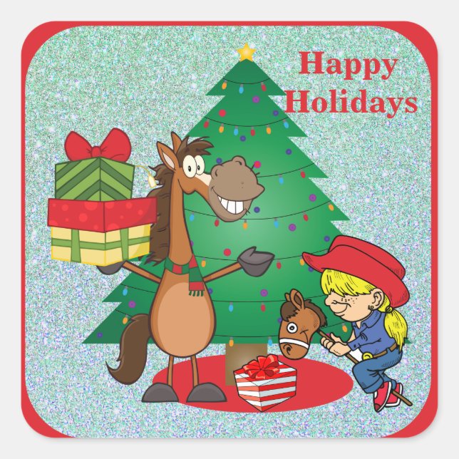 Adesivo Quadrado Cavalo com presentes e palito de vaqueira (Frente)