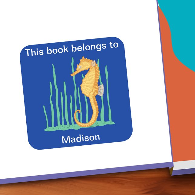 Adesivo Quadrado Cavalo-De-Costura Isto Pertence À Placa De Escritó (Cute Seahorse This Belongs To Personalized Bookplate)