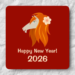 Adesivo Quadrado Cavalo de Fogo 2026 Zodiac, Ano Novo Chinês