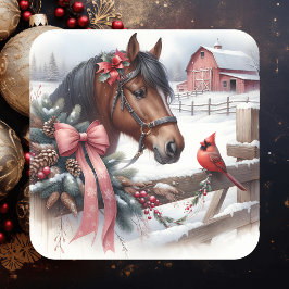 Adesivo Quadrado Cavalo de Natal Castanho e Cardeal