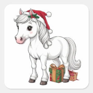 Adesivo Quadrado Cavalo de Natal Fofo Com Chapéu de Papai Noel