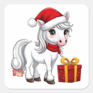 Adesivo Quadrado Cavalo de Natal Fofo Com Chapéu de Papai Noel