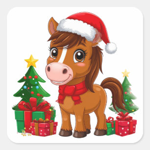 Adesivo Quadrado Cavalo de Natal Fofo Com Chapéu de Papai Noel