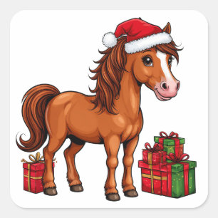 Adesivo Quadrado Cavalo de Natal Fofo Com Chapéu de Papai Noel
