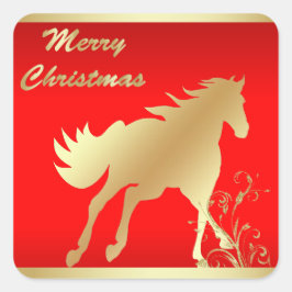 Adesivo Quadrado Cavalo Dourado no Feliz Natal Vermelho