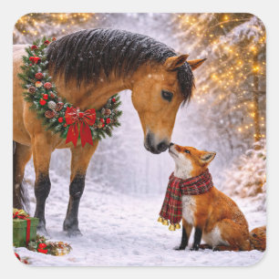 Adesivo Quadrado Cavalo e Raposa Bonitos de Férias de Natal