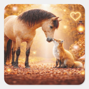Adesivo Quadrado Cavalo e Raposa Fantasia Floresta Fofa