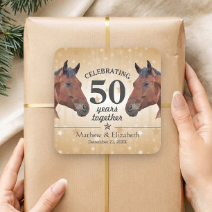 Adesivo Quadrado Cavalo Elegante Personalizado Dourado 50º Aniversá