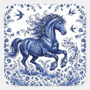 Adesivo Quadrado Cavalo Frísio em Prado no Estilo Delftware de Delf