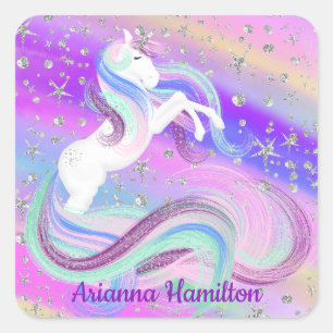 Adesivo Quadrado Cavalo Mágico Unicórnio Estrelas Prateadas Reluzen