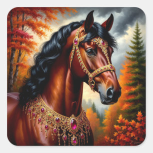 Adesivo Quadrado Cavalo Majestoso com Arreios de Ouro Ornamentados