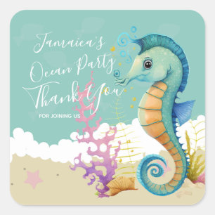 Adesivo Quadrado Cavalo Marinho Aquarela Oceano Aniversário Obrigad