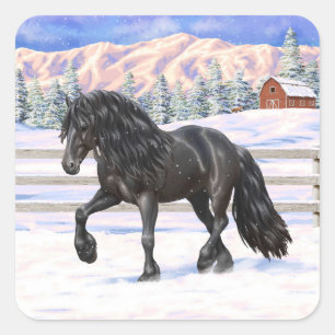 Adesivo Quadrado Cavalo Negro Frísia Na Neve