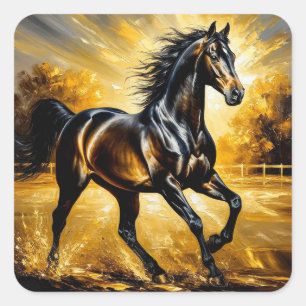 Adesivo Quadrado Cavalo Preto Correndo Através da Água no Pôr do So