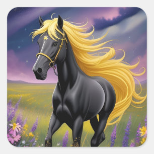 Adesivo Quadrado Cavalo Preto Majestoso com Crina Dourada Fluindo