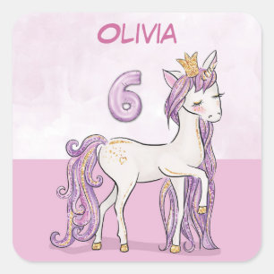 Adesivo Quadrado Cavalo Rosa De Aniversário Com 6 De Nome Personal