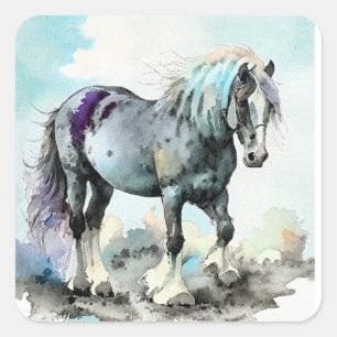 Adesivo Quadrado Cavalo Shire Paciente Aquarela