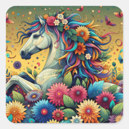 Adesivo Quadrado Cavalo Whimsical bonito em Flores Coloridas