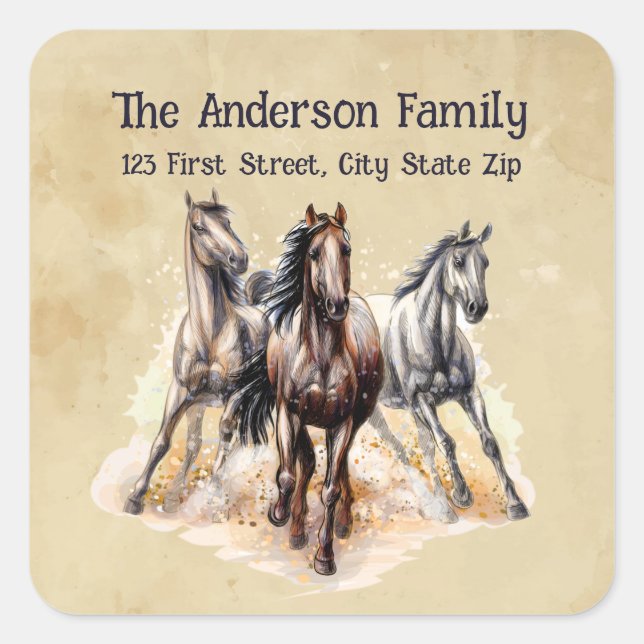 Adesivo Quadrado Cavalos de Aquarela Fazenda Arte Animal (Frente)
