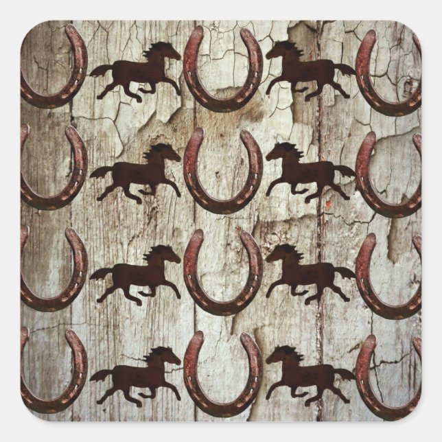 Adesivo Quadrado Cavalos ferradura em madeira de galinha (Frente)